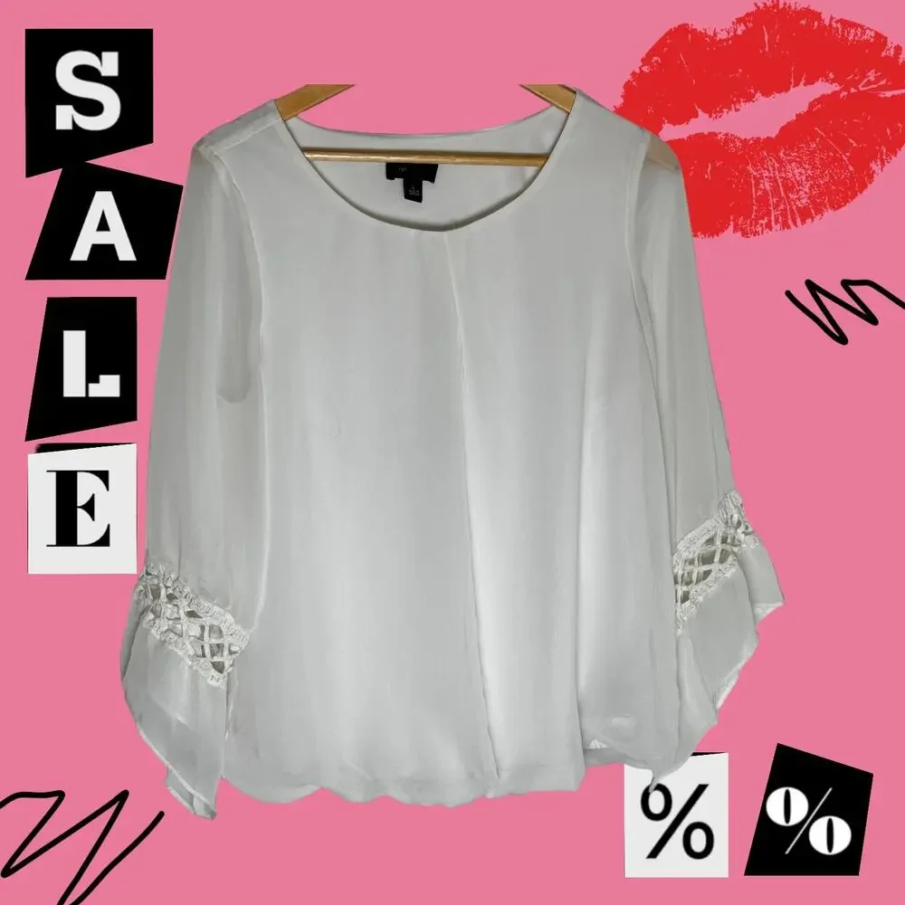 Women's AB Studio White Boho Chic Bubble hem Bell Sleeve Top L - Picture 5 of 13